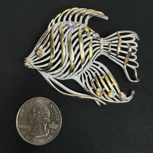 Vintage Metal Angel Fish Statement Brooch Gold Tone White